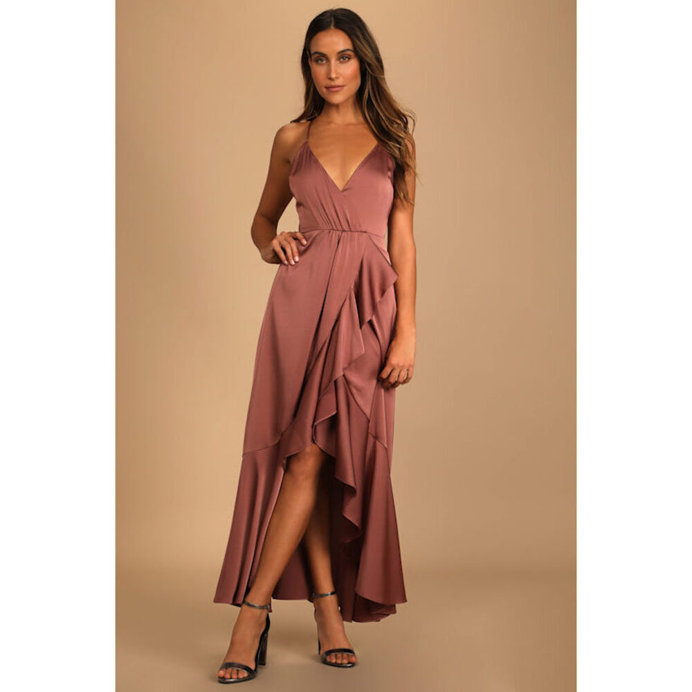 Lulus Enchanted Moments Mauve Pink Satin Ruffled High-low Dress - Size L